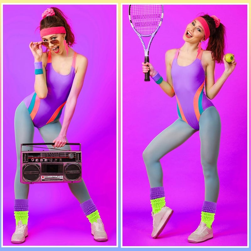 TRIITECH Store Neon Slouch Socks for Women, 80s 90s Scrunch Knee High Socks with Neon Earrings and Scrunchies for 80s 90s Party - Image 4